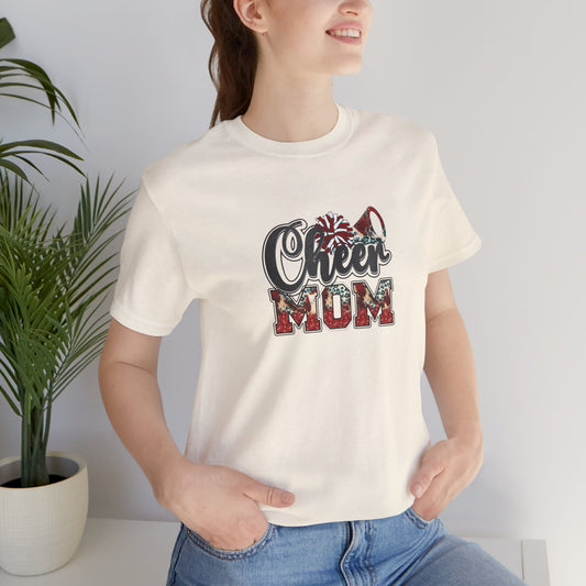 Red Cheer Mom with Pom Poms and megaphone Unisex Jersey Short Sleeve Tee
