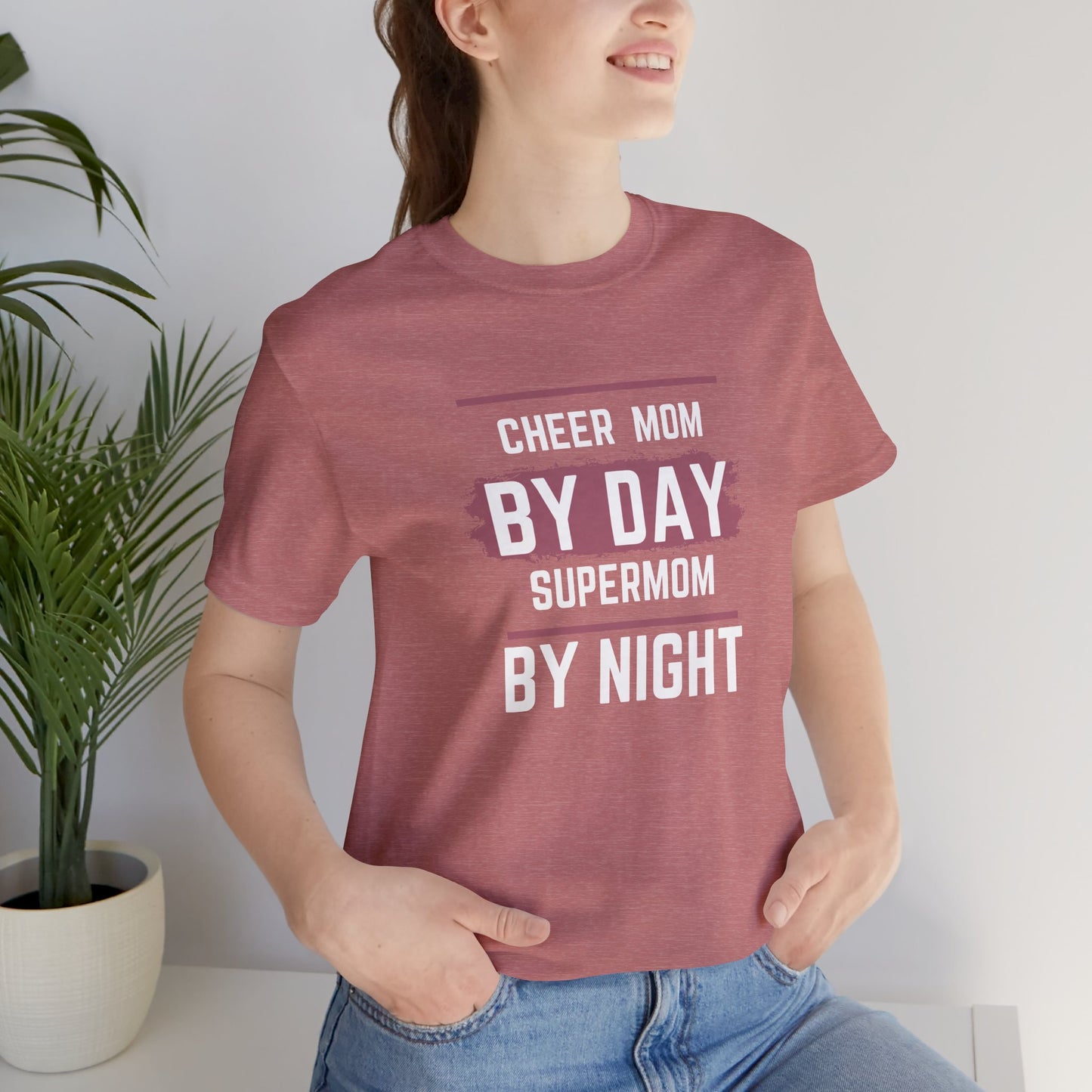 Cheer Mom by Day Super Mom by Night Unisex Jersey Short Sleeve Tee