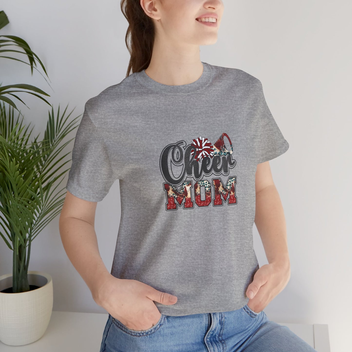 Red Cheer Mom with Pom Poms and megaphone Unisex Jersey Short Sleeve Tee