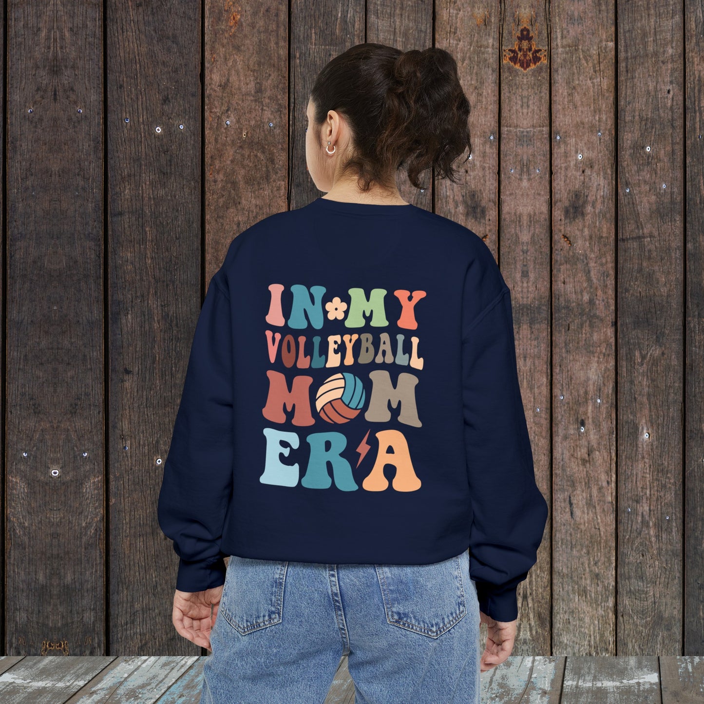 In my Volleyball Mom Era retro Wavy Multi colored Unisex Garment-Dyed Sweatshirt