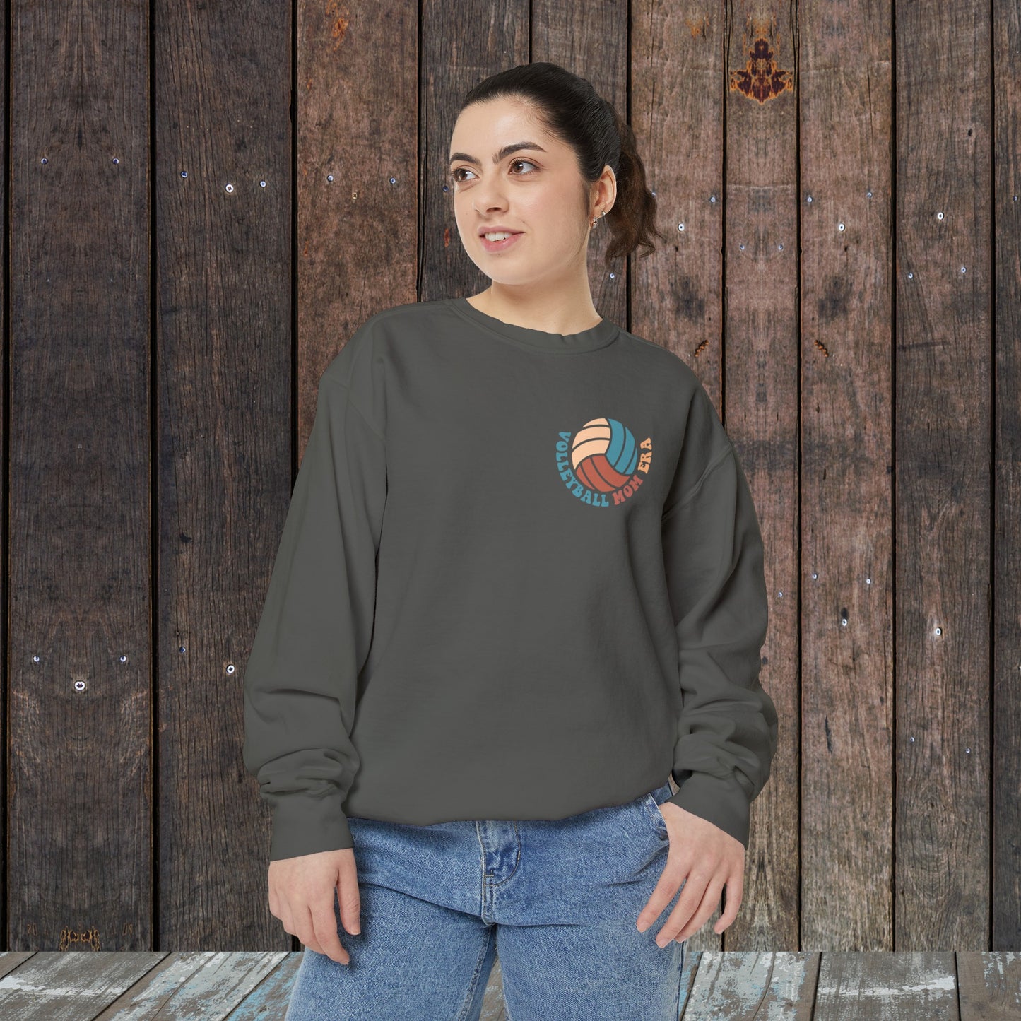 In my Volleyball Mom Era retro Wavy Multi colored Unisex Garment-Dyed Sweatshirt