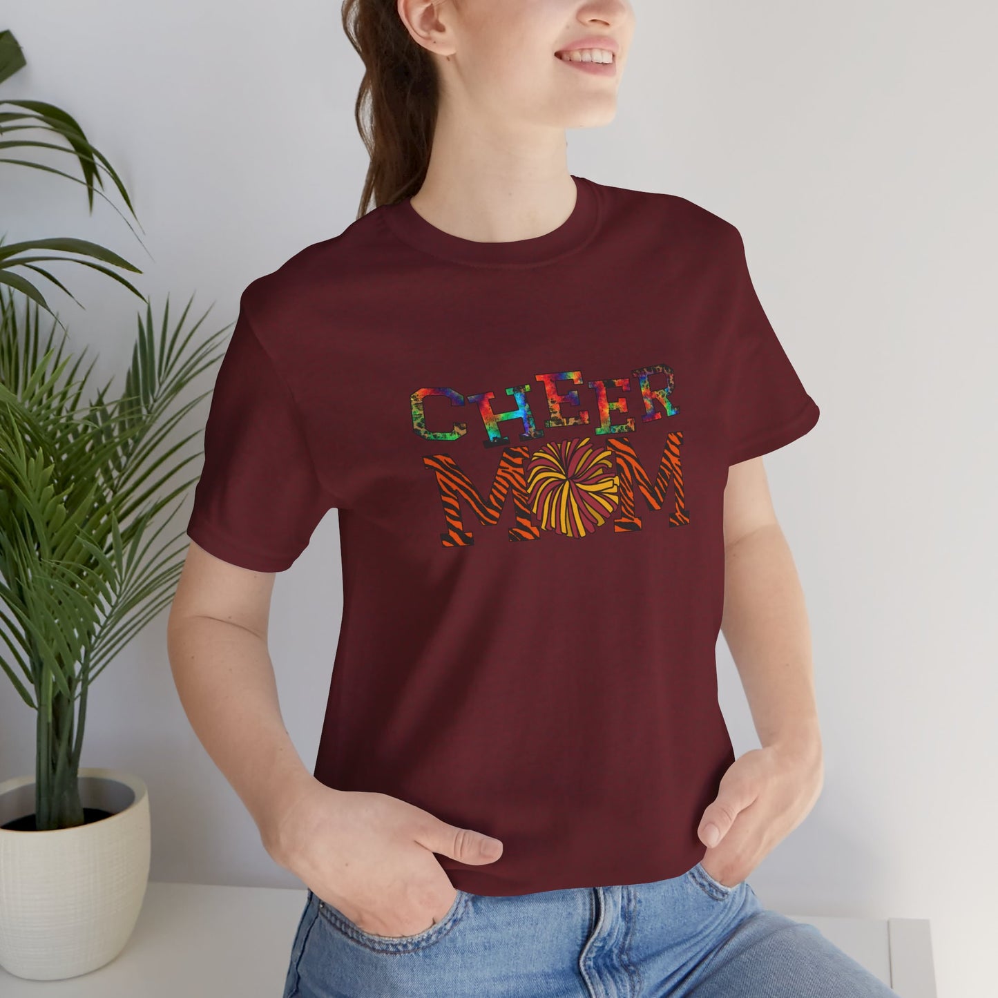 Multicolored Cheer Mom with Pom Poms Unisex Jersey Short Sleeve Tee