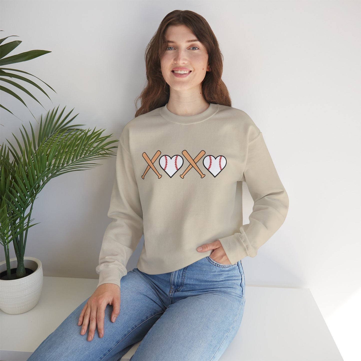 Baseball Crewneck Simple XOXO Bats and heart-shaped balls Sweatshirt