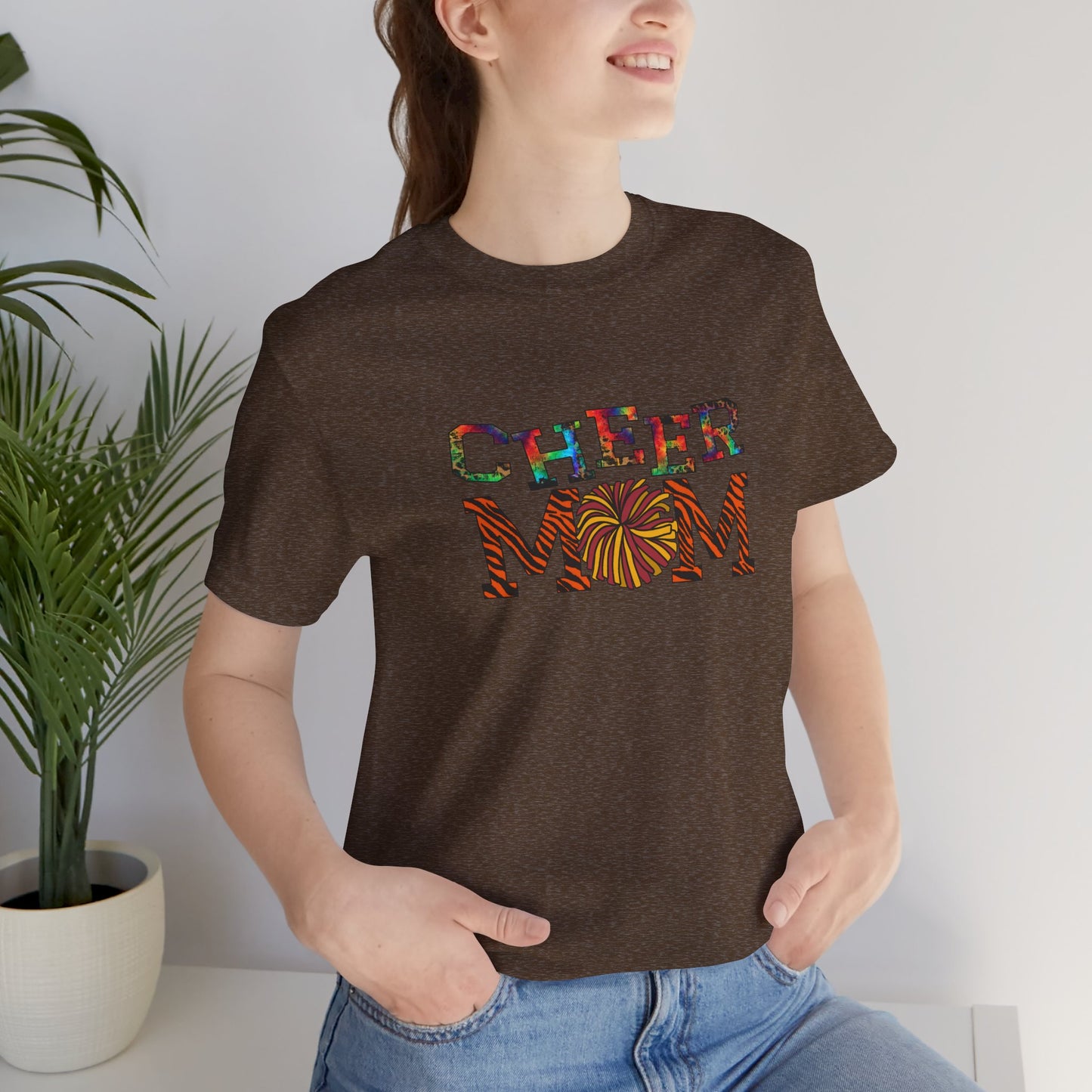 Multicolored Cheer Mom with Pom Poms Unisex Jersey Short Sleeve Tee