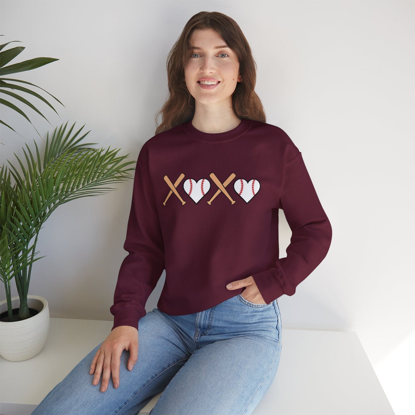 Baseball Crewneck Simple XOXO Bats and heart-shaped balls Sweatshirt