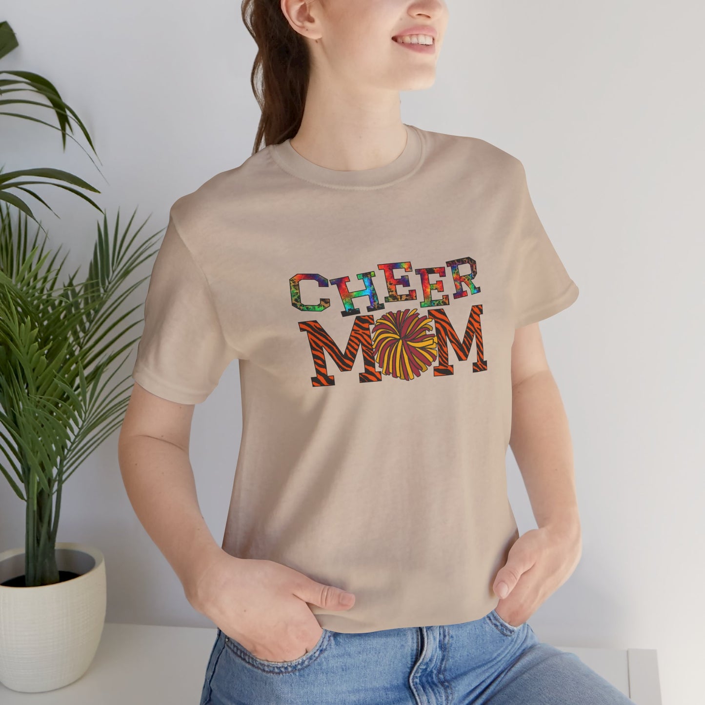 Multicolored Cheer Mom with Pom Poms Unisex Jersey Short Sleeve Tee