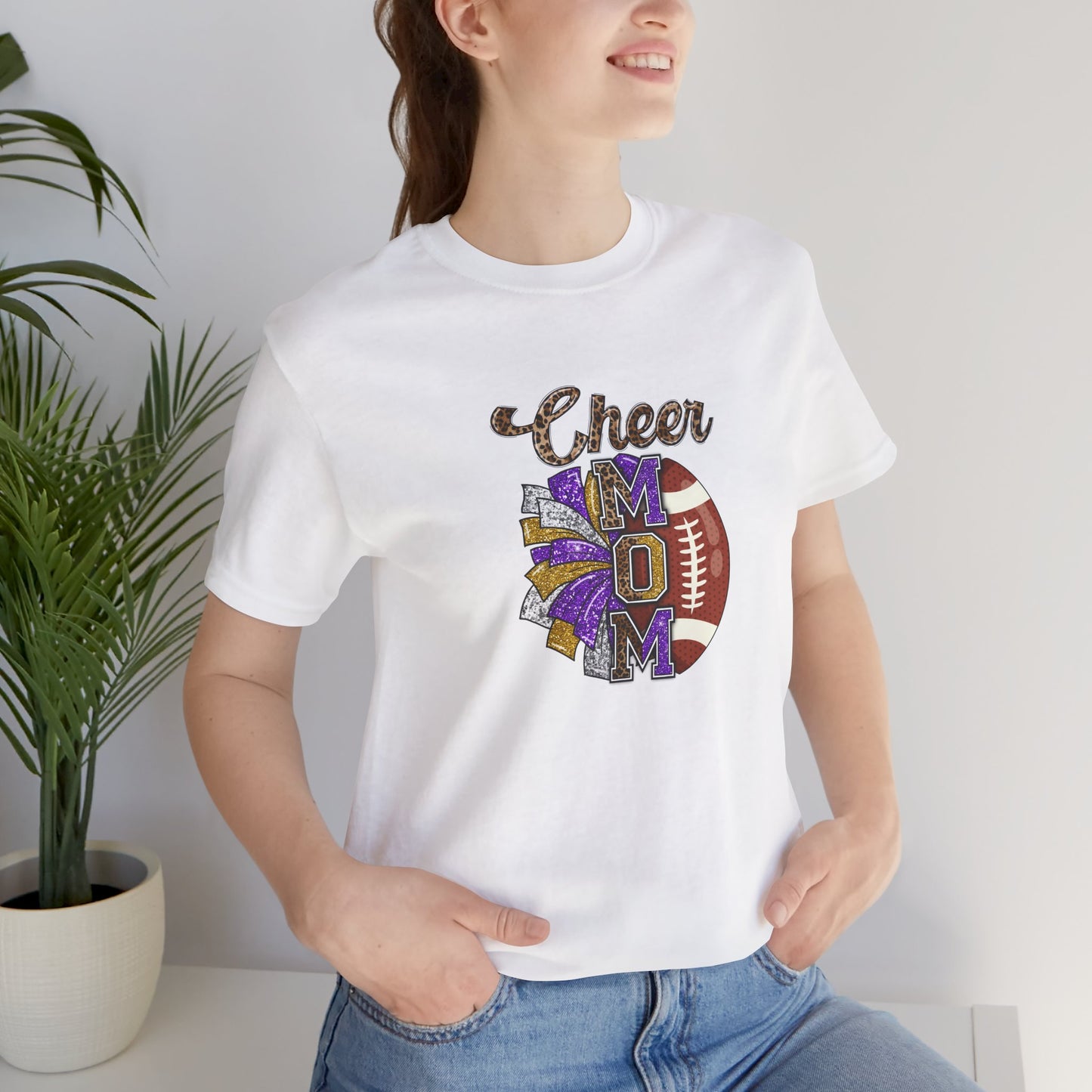 Cheer Football Mom Purple Pom Poms Unisex Jersey Short Sleeve Tee