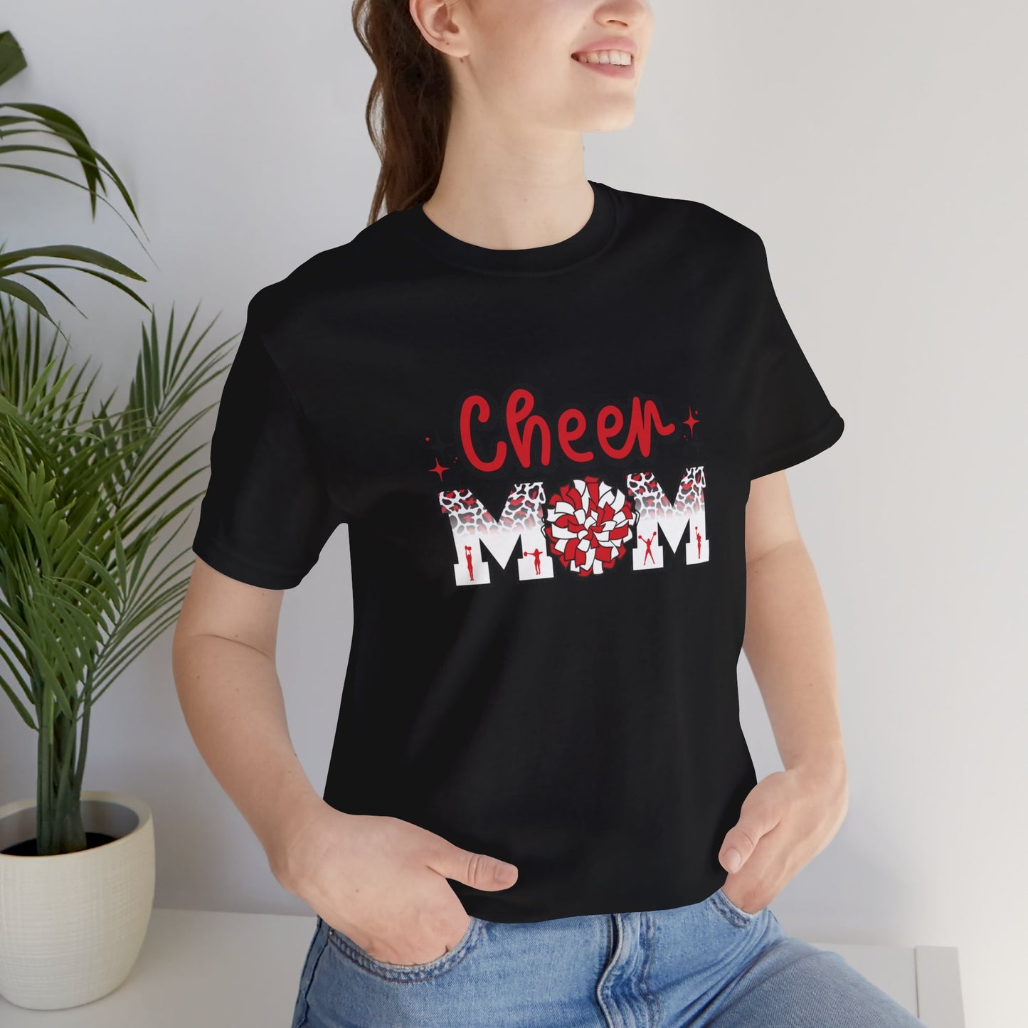 Cheer Mom Red Pom Poms Unisex Jersey Short Sleeve Tee