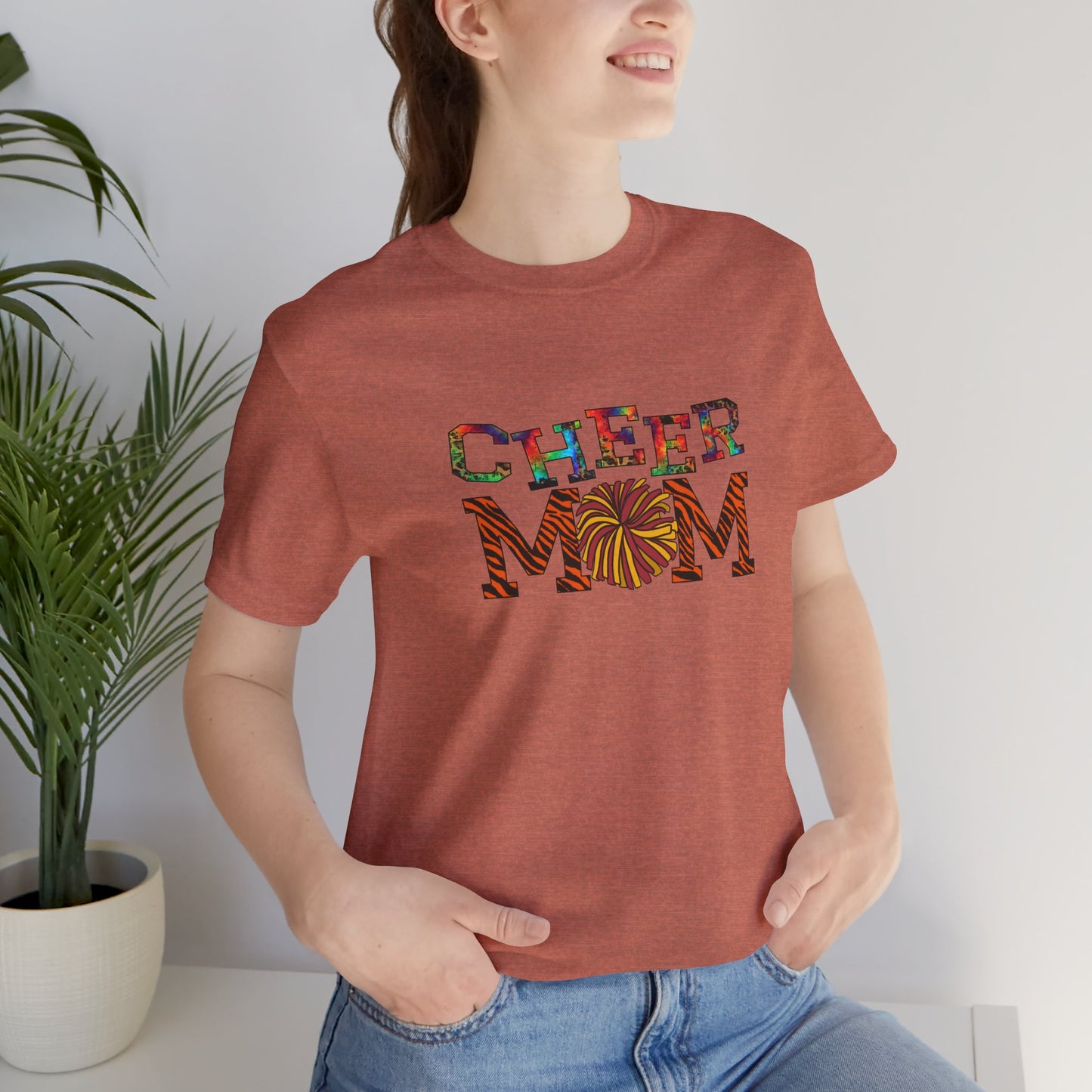 Multicolored Cheer Mom with Pom Poms Unisex Jersey Short Sleeve Tee