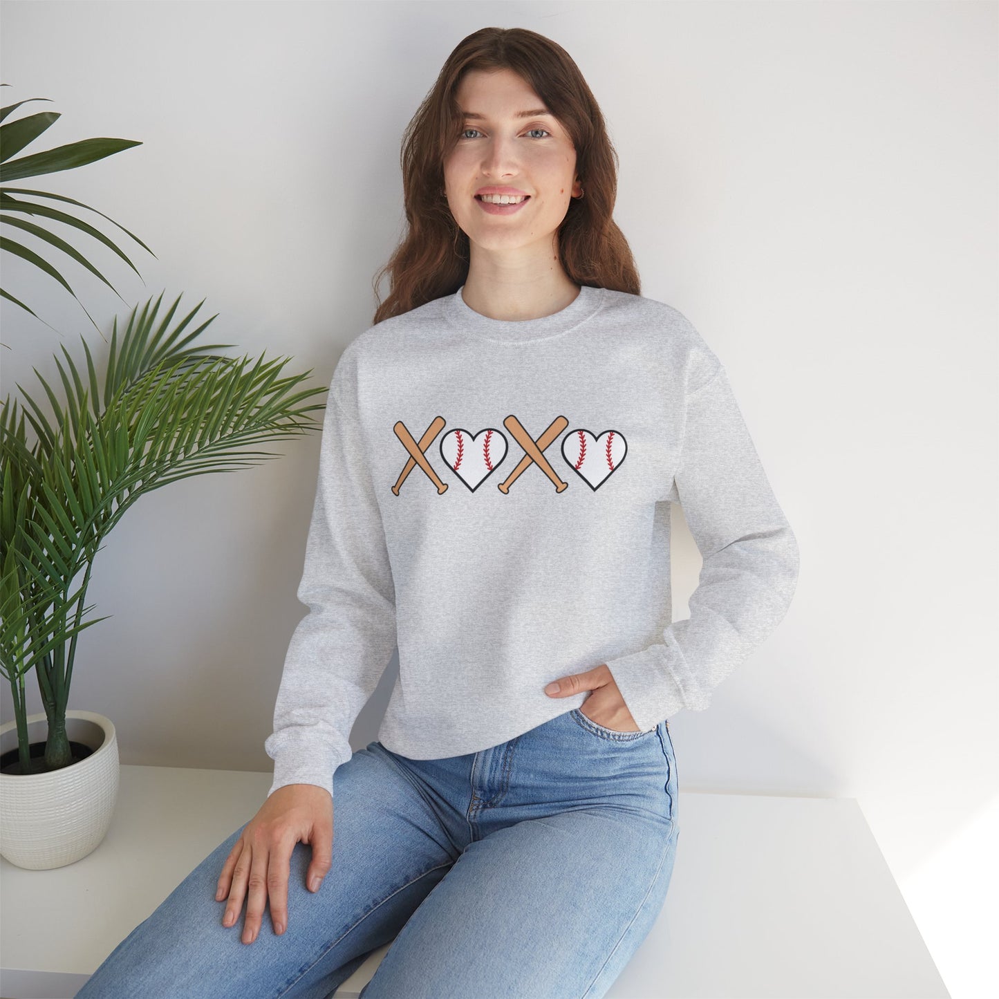 Baseball Crewneck Simple XOXO Bats and heart-shaped balls Sweatshirt