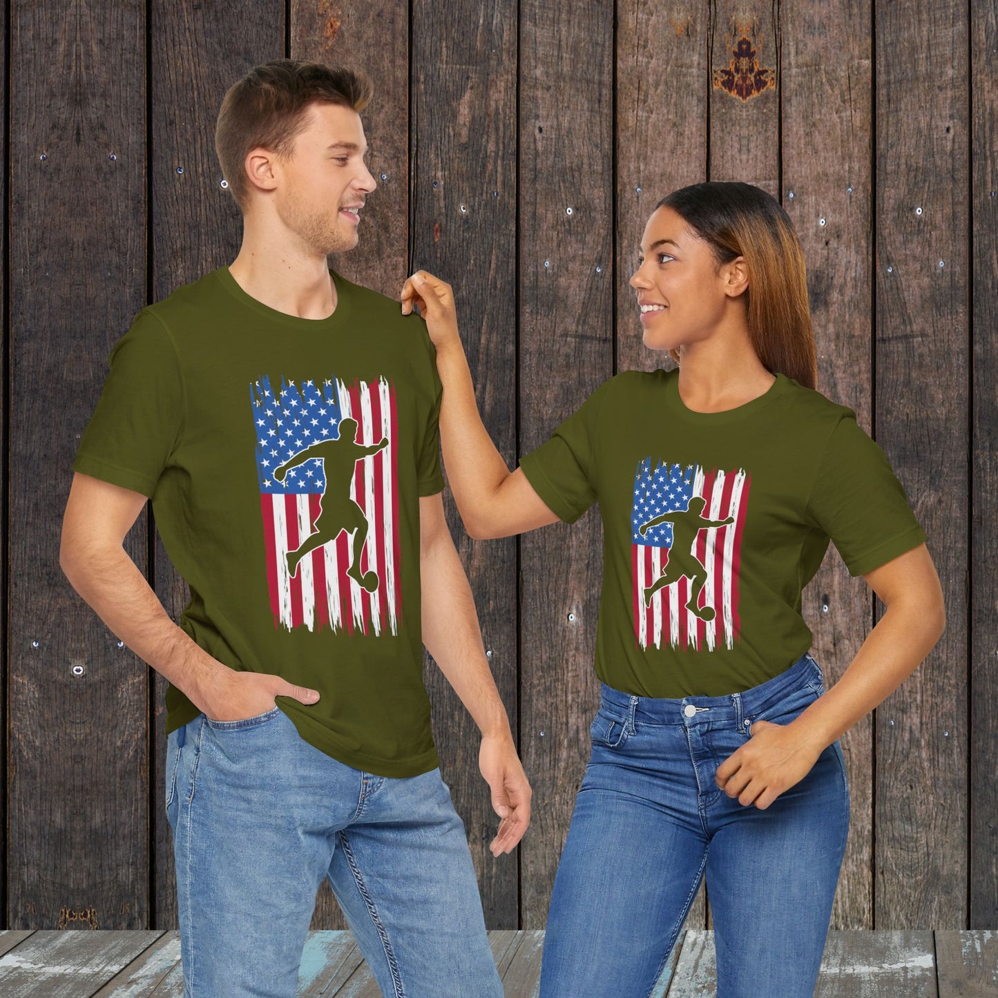 Soccer American Flag silhouette in the field matching shirts for mom and dad