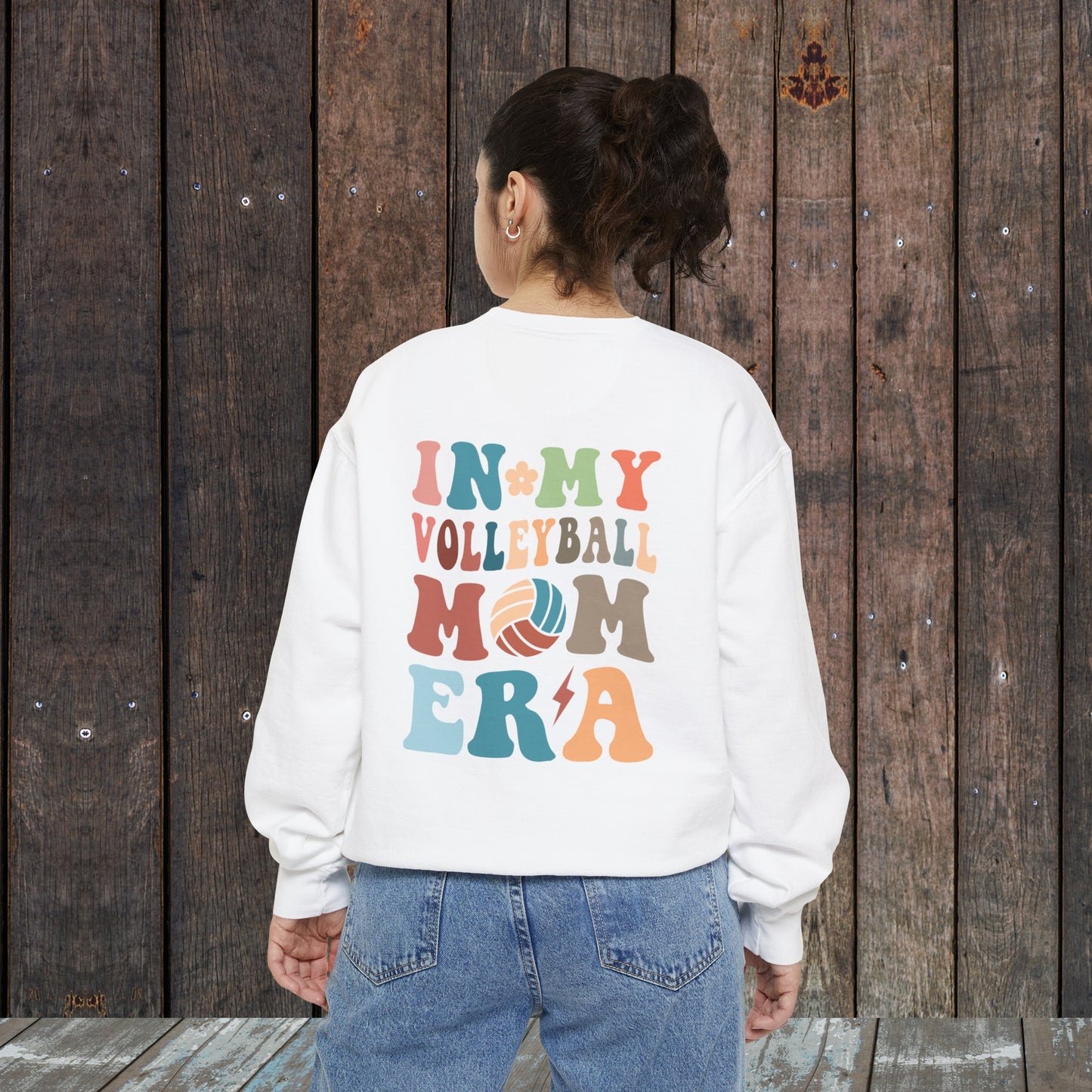 In my Volleyball Mom Era retro Wavy Multi colored Unisex Garment-Dyed Sweatshirt