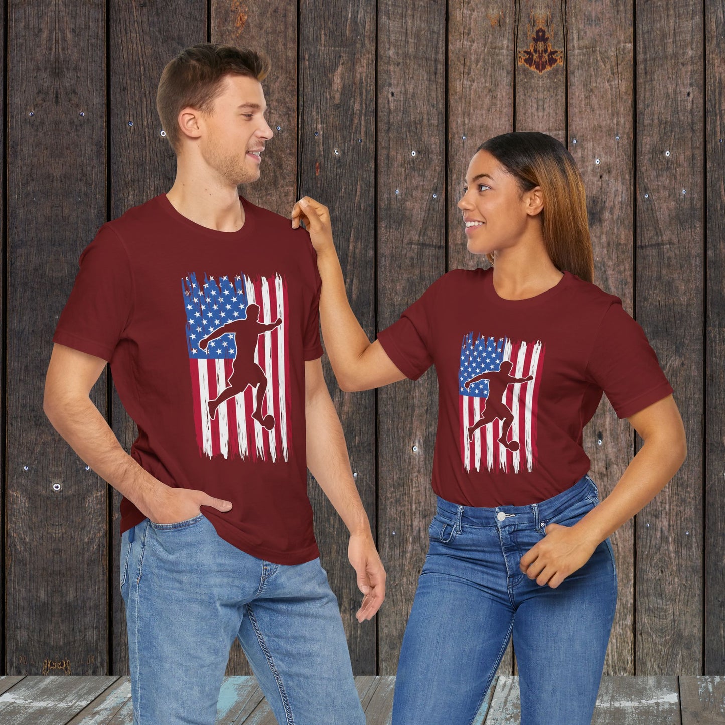 Soccer American Flag silhouette in the field matching shirts for mom and dad