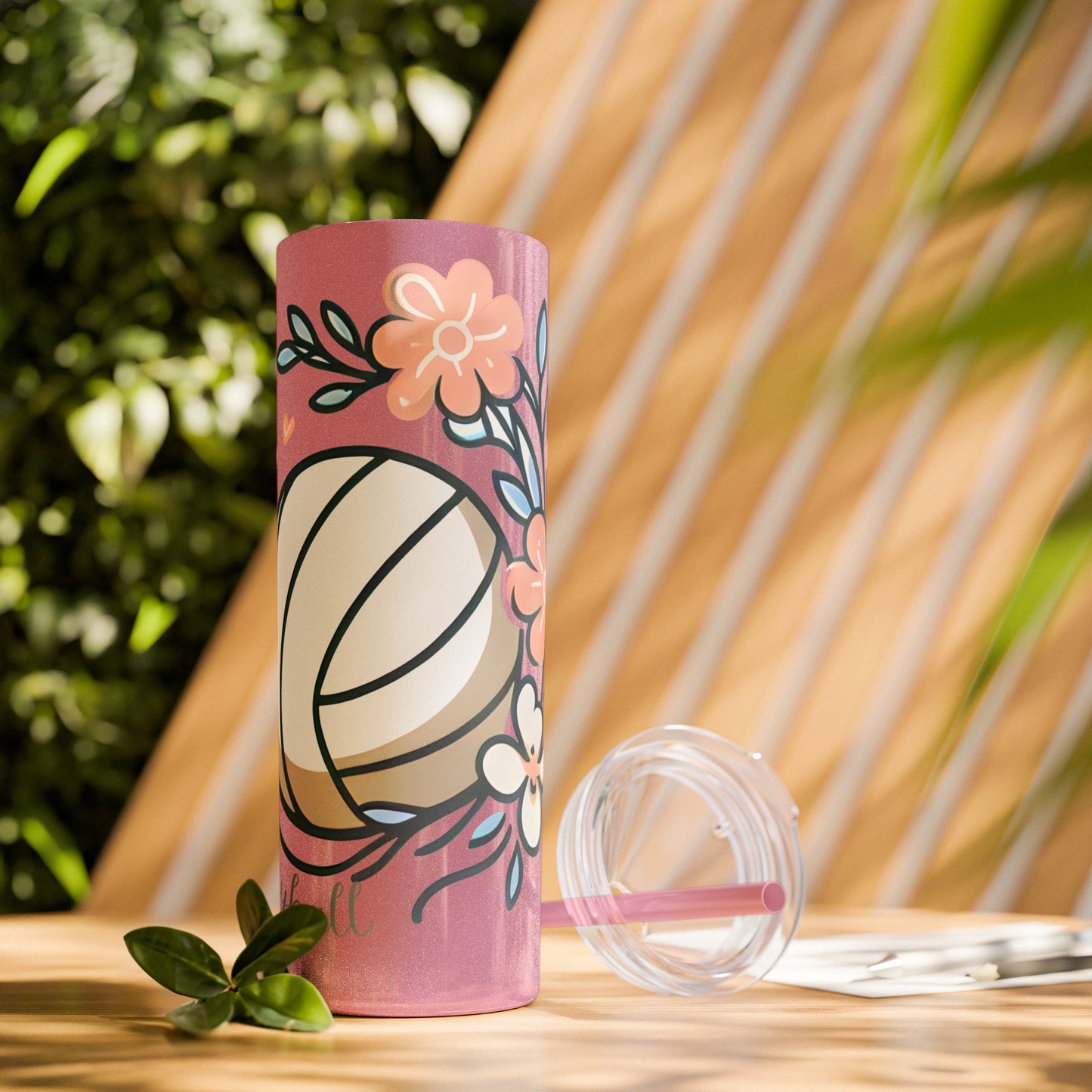 Volleyball Floral love Skinny Tumbler with Straw, 20oz