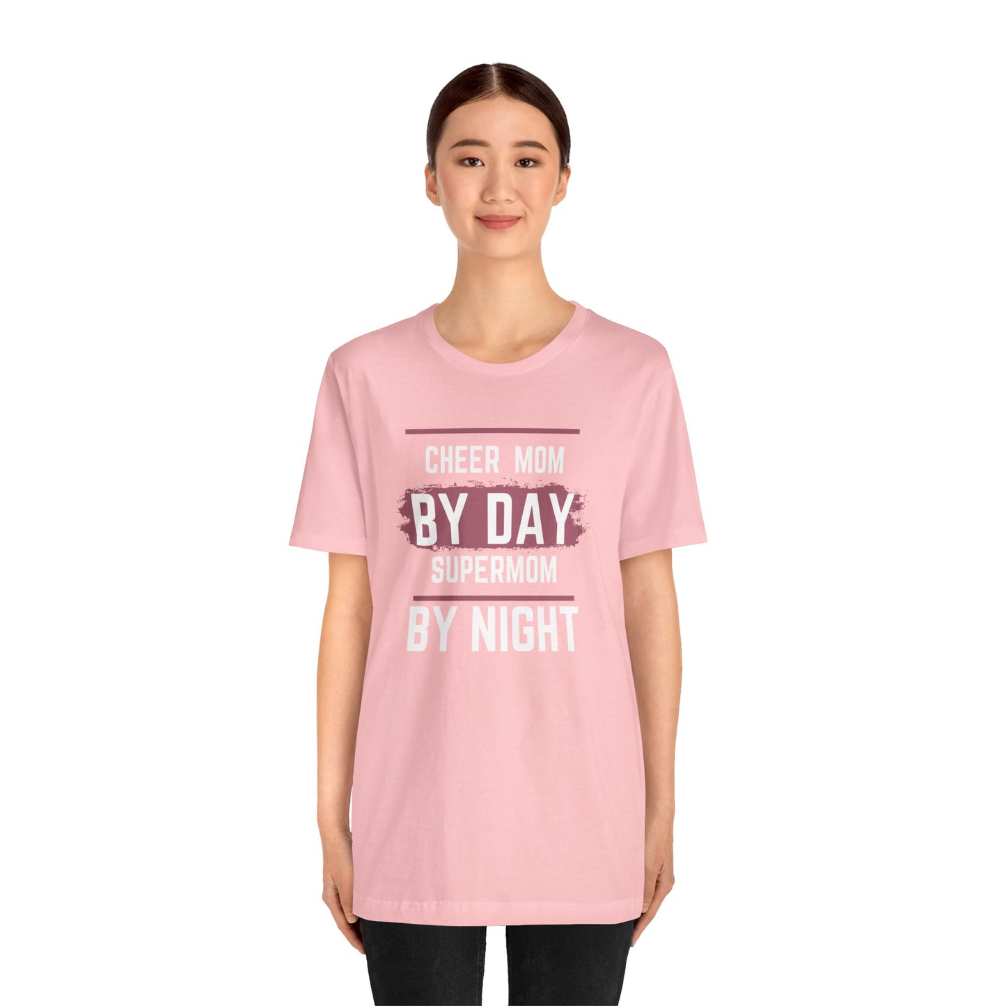 Cheer Mom by Day Super Mom by Night Unisex Jersey Short Sleeve Tee