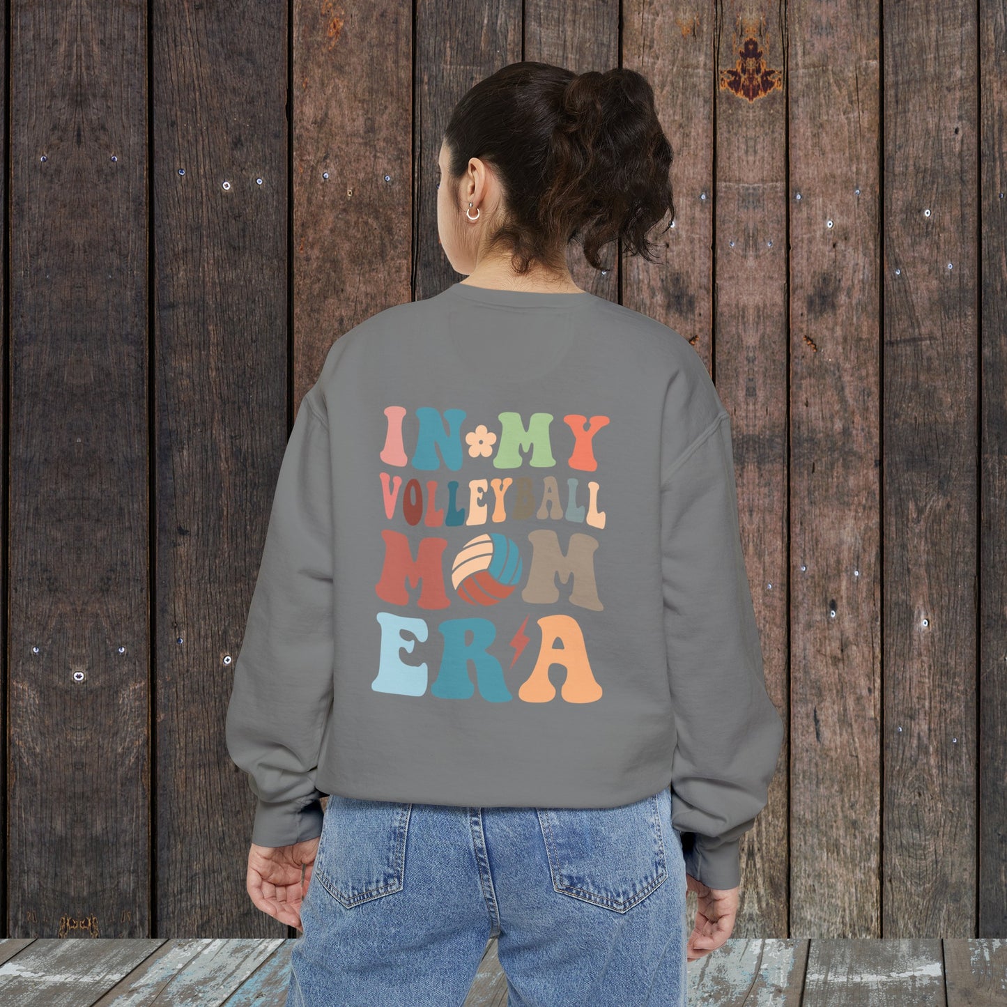 In my Volleyball Mom Era retro Wavy Multi colored Unisex Garment-Dyed Sweatshirt