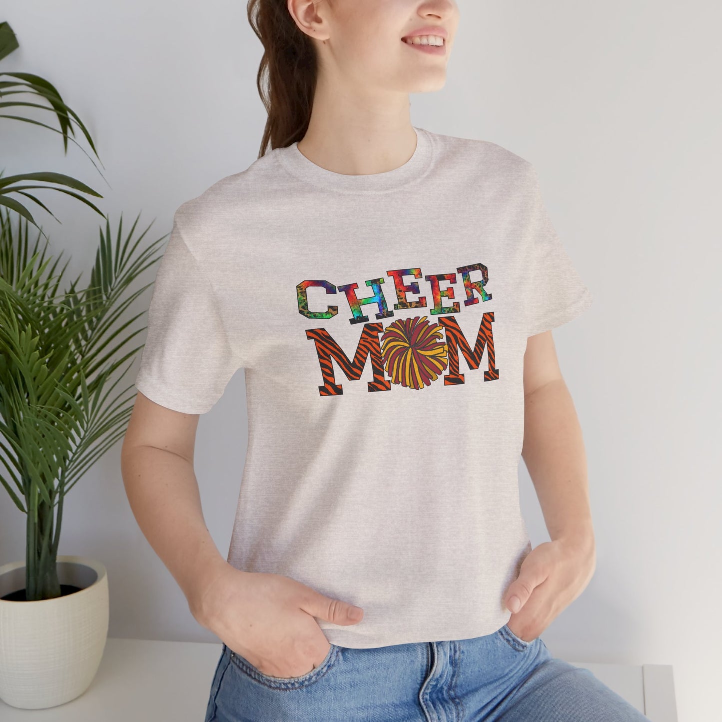 Multicolored Cheer Mom with Pom Poms Unisex Jersey Short Sleeve Tee