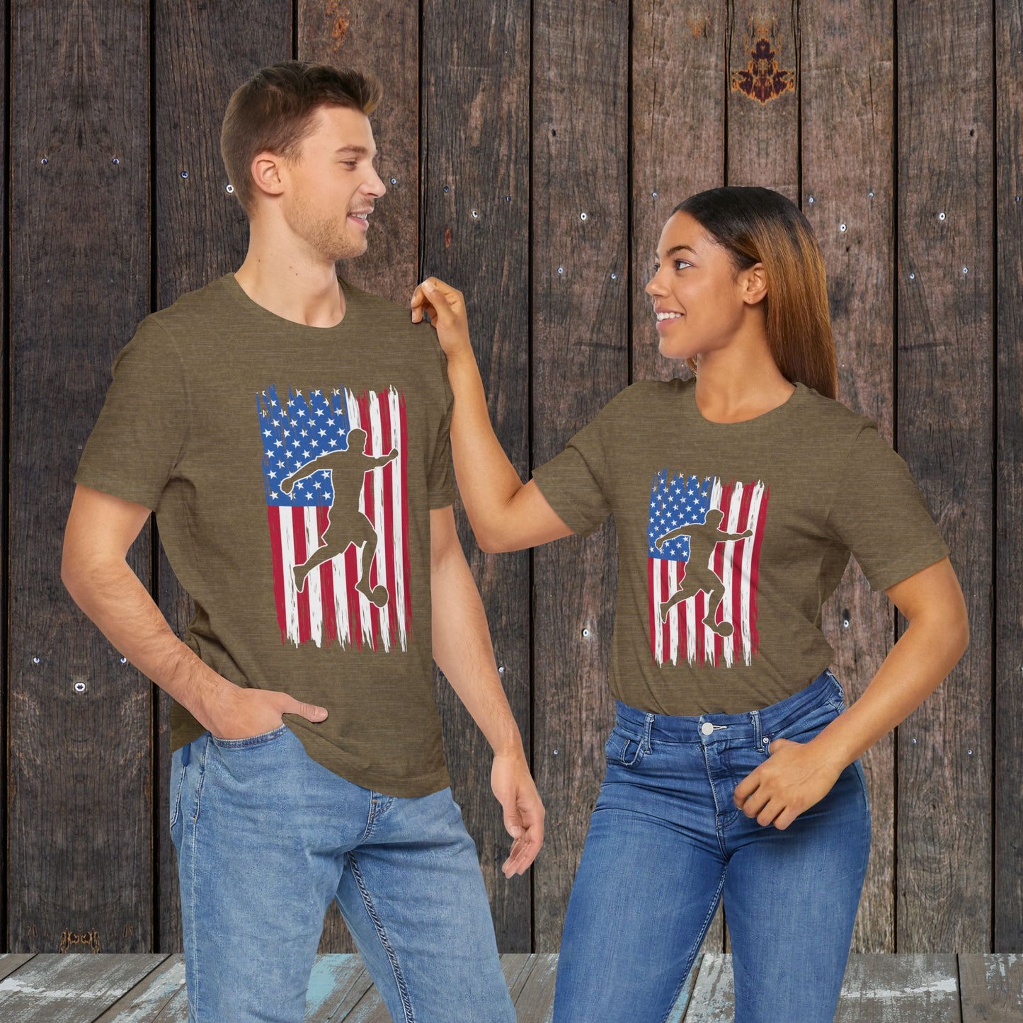 Soccer American Flag silhouette in the field matching shirts for mom and dad