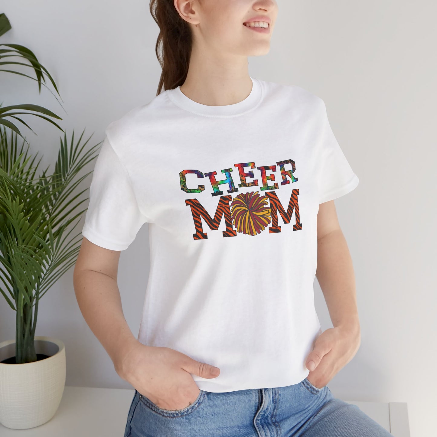 Multicolored Cheer Mom with Pom Poms Unisex Jersey Short Sleeve Tee