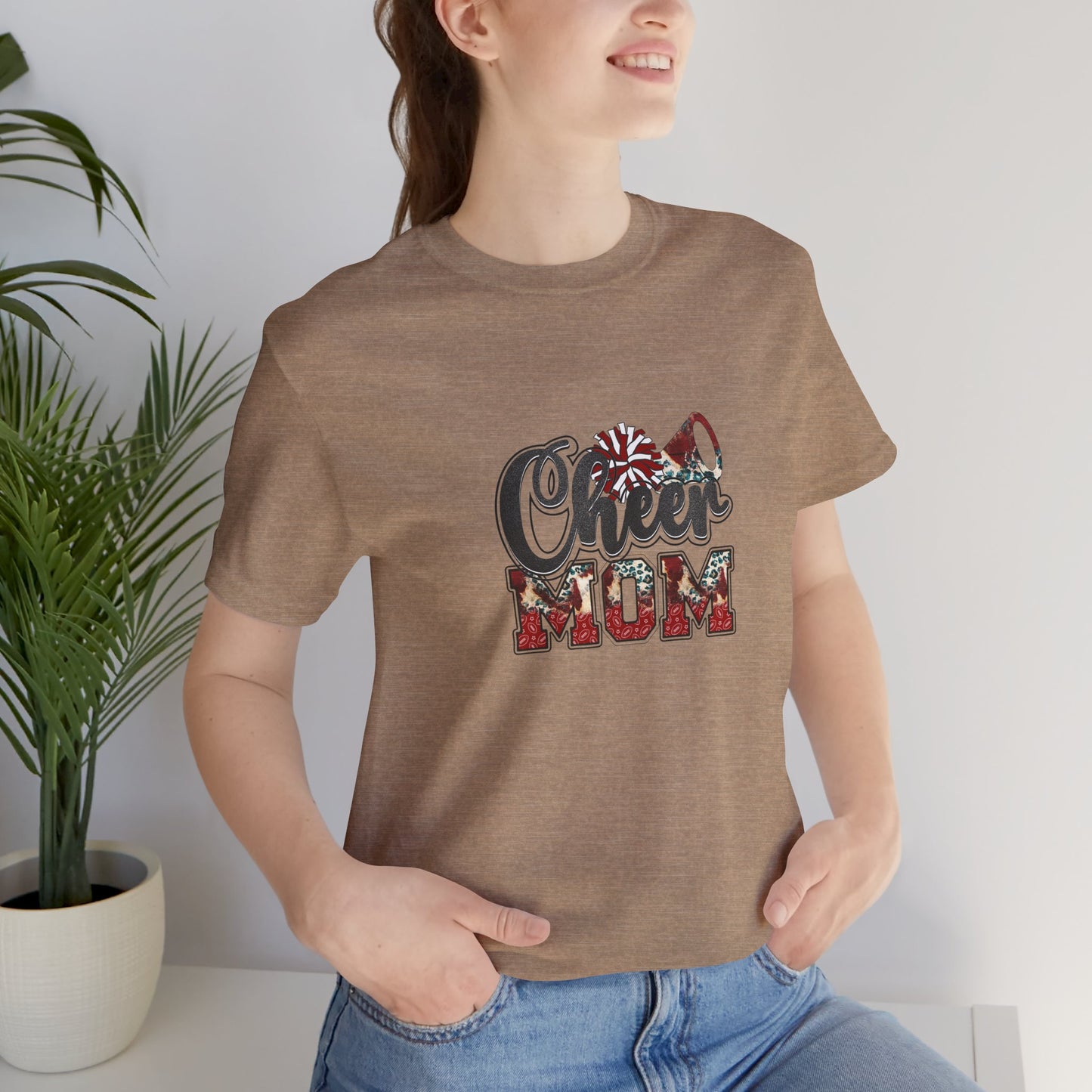 Red Cheer Mom with Pom Poms and megaphone Unisex Jersey Short Sleeve Tee