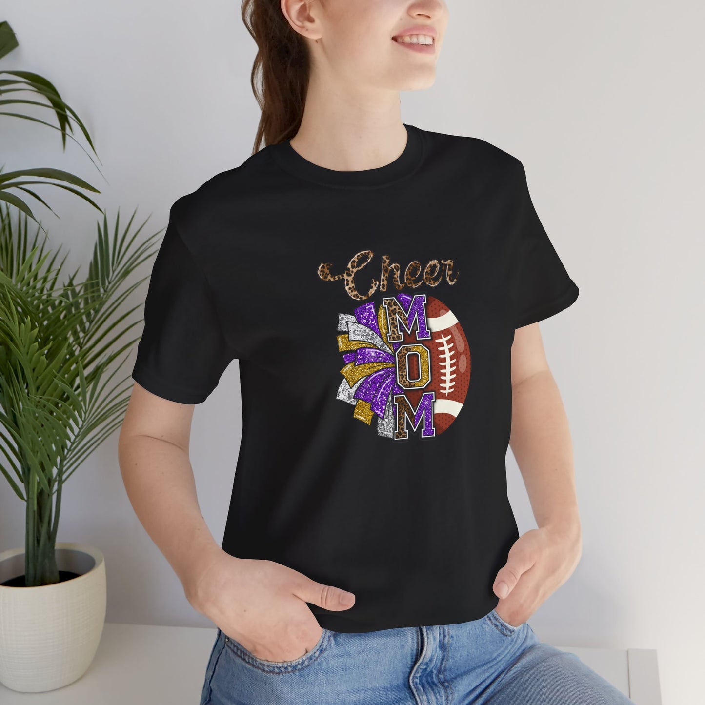 Cheer Football Mom Purple Pom Poms Unisex Jersey Short Sleeve Tee