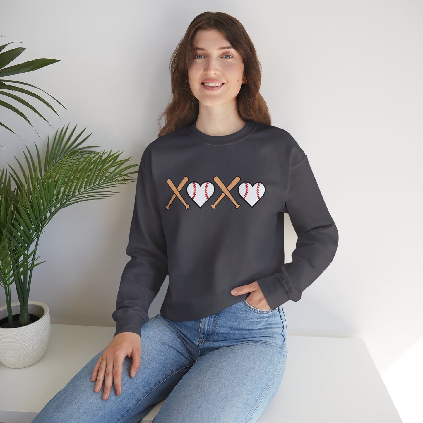 Baseball Crewneck Simple XOXO Bats and heart-shaped balls Sweatshirt