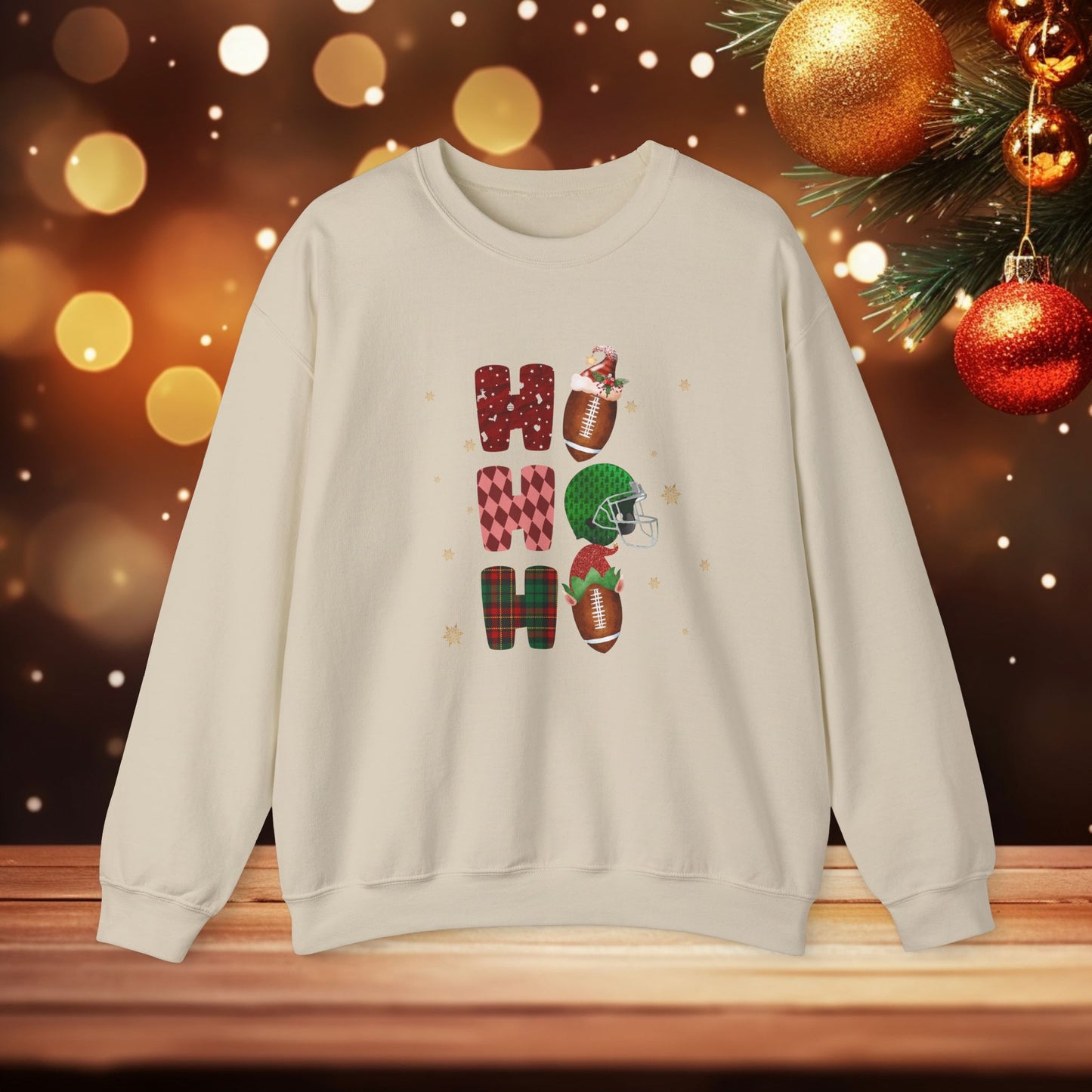 Ho Ho Ho Football Crewneck Sweatshirt, Football Lover Gift, Holiday Football Jumper, Xmas Lights Sweatshirt, Football Fan Apparel,