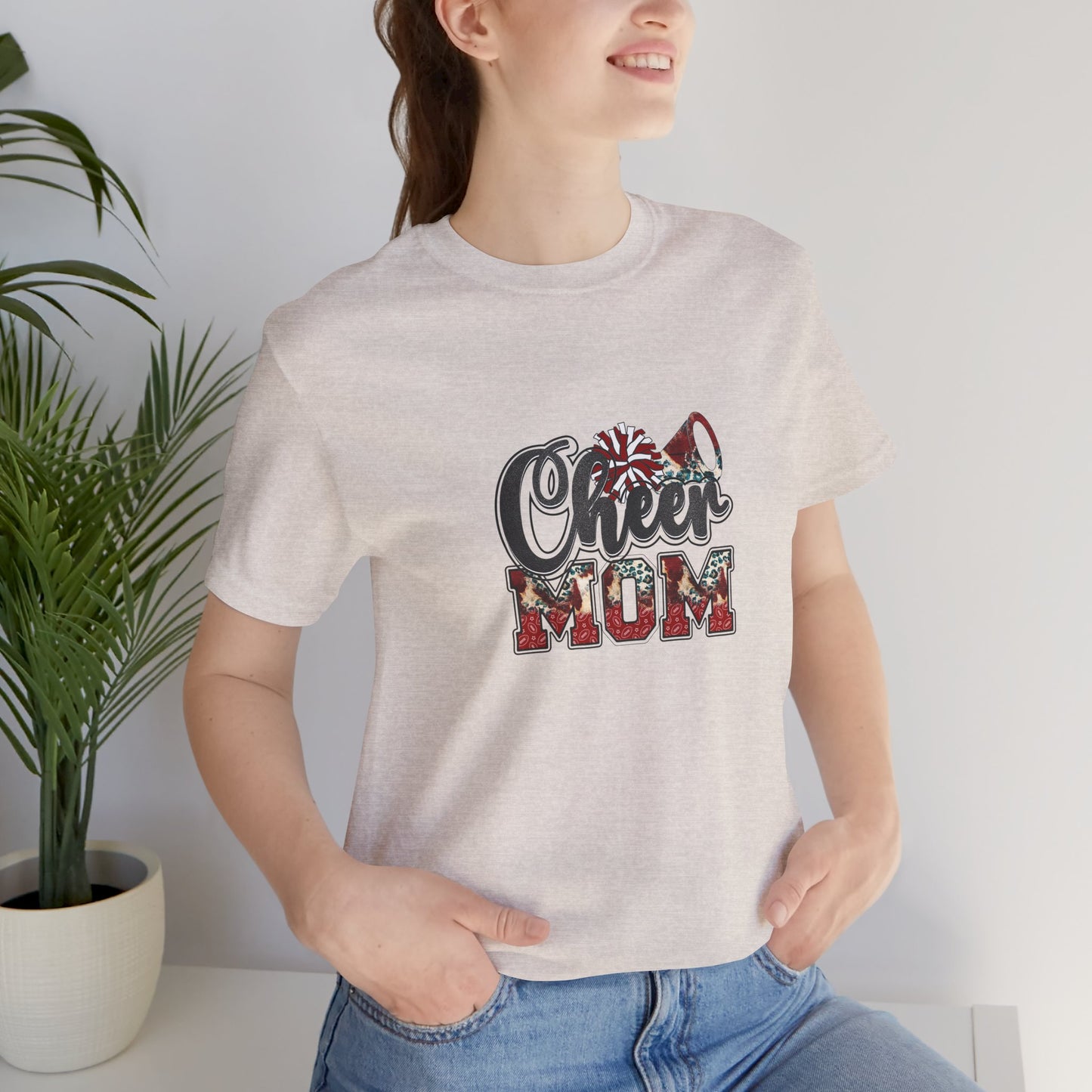 Red Cheer Mom with Pom Poms and megaphone Unisex Jersey Short Sleeve Tee