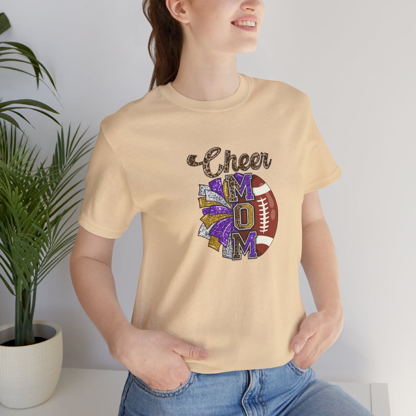 Cheer Football Mom Purple Pom Poms Unisex Jersey Short Sleeve Tee