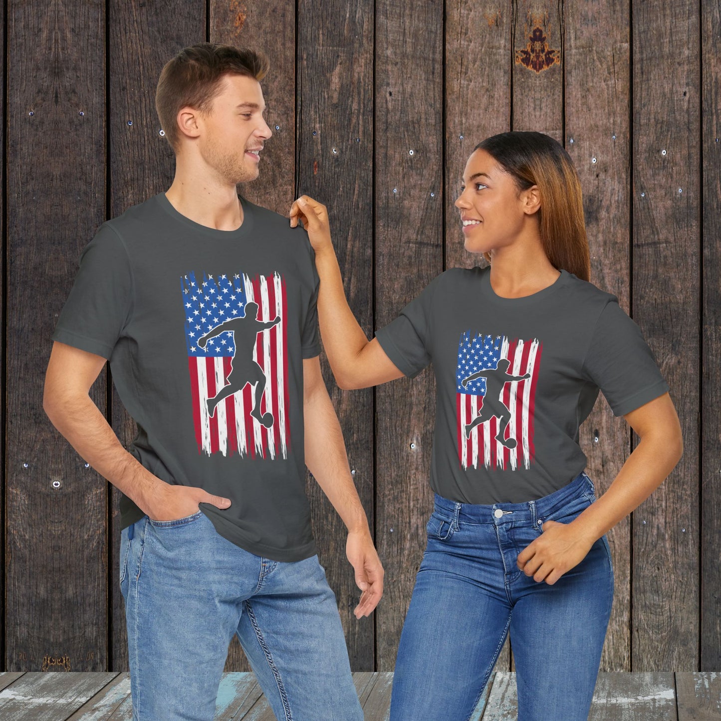 Soccer American Flag silhouette in the field matching shirts for mom and dad