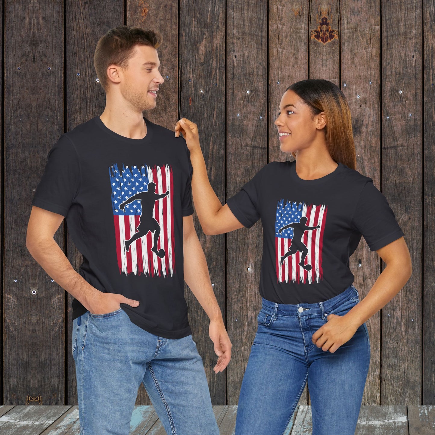 Soccer American Flag silhouette in the field matching shirts for mom and dad